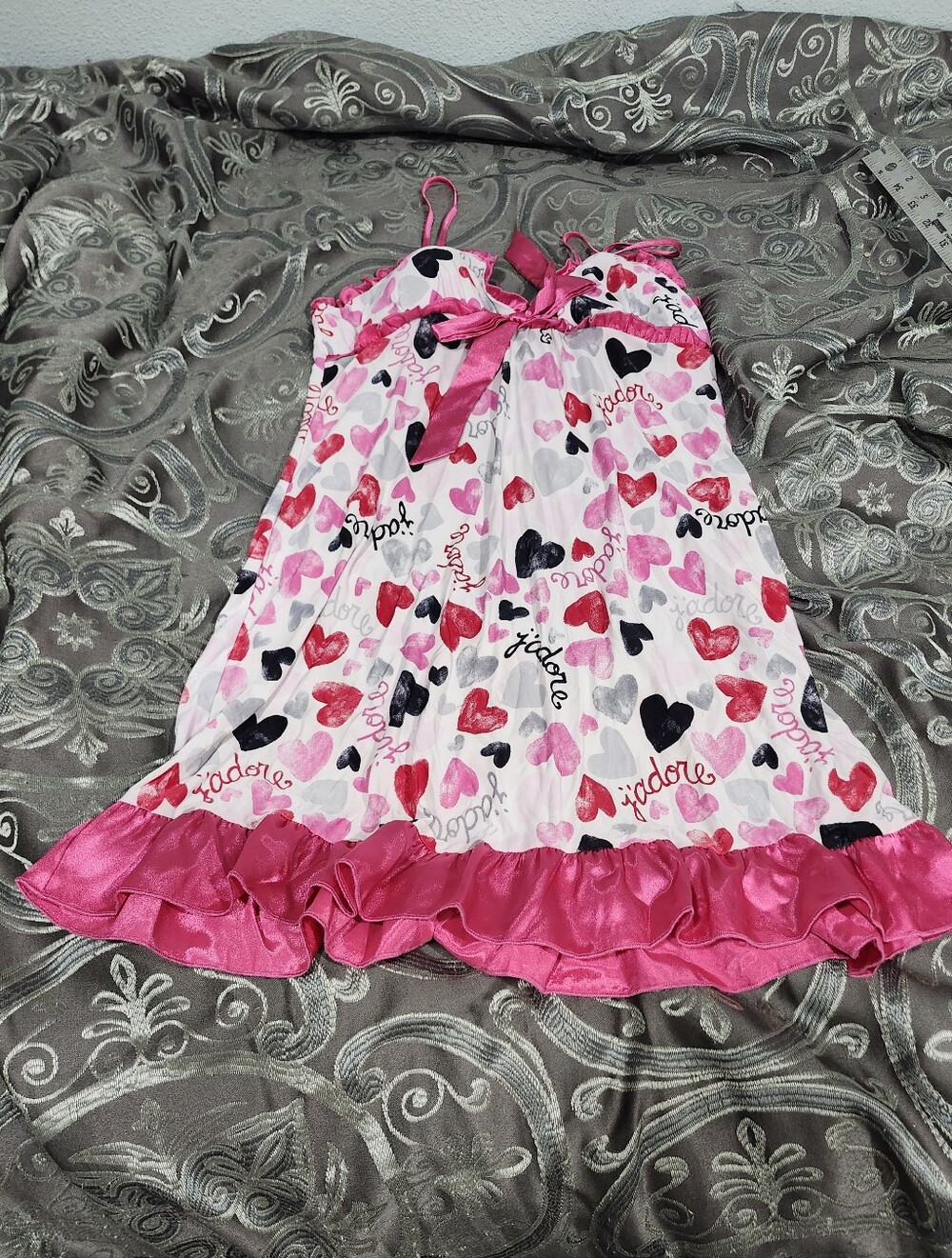 Y2k Jenni Satin Pink Ruffle Bow Red White Heart Print Stretch Nightie Size Xs